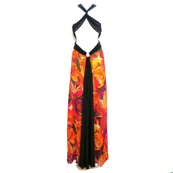 Hailey Logan Adrianna Papell Halter Dress Maxi Neon Floral Sash Backless - Picture 11 of 11